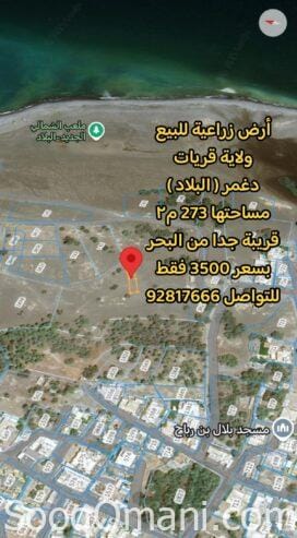 ارض زراعية قريب البحر في قريات دغمر مساحة 273 م٢