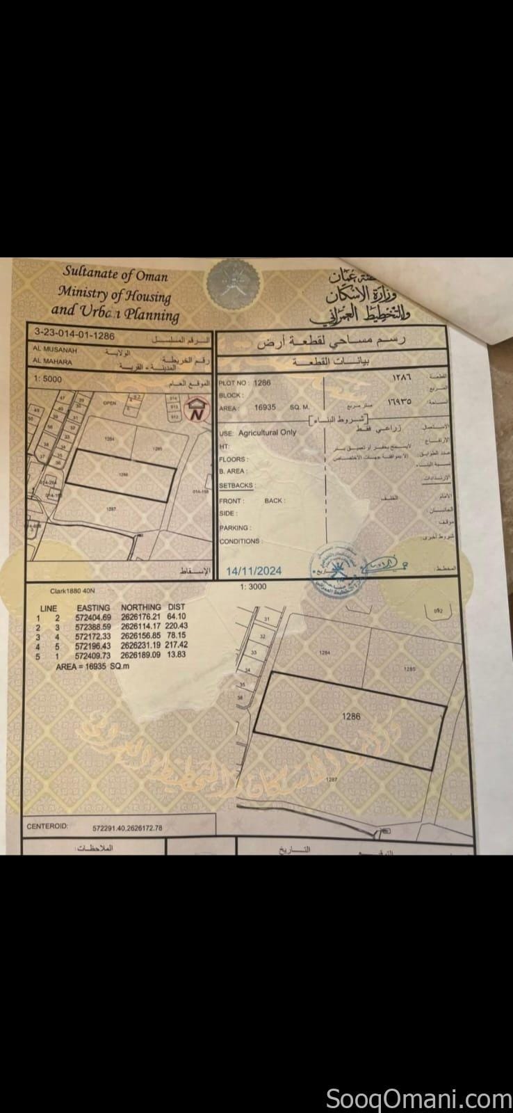 Agricultural land for sale in Al-Musannah Al-Mahara