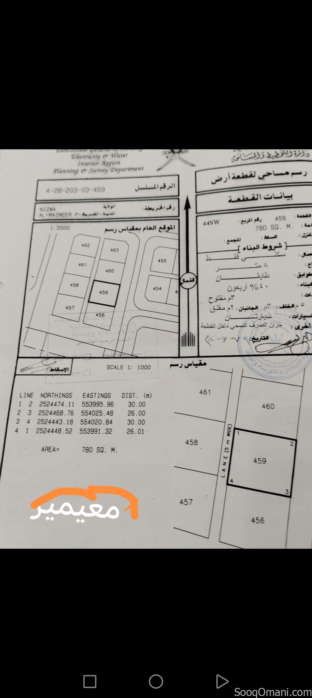 ارض للبيع نزوى المعيمير ٣ مقابل صناعية كرشا قريبة من جامع السلطان قابوس ومستشفى نزوي المرجعي بكامل ا