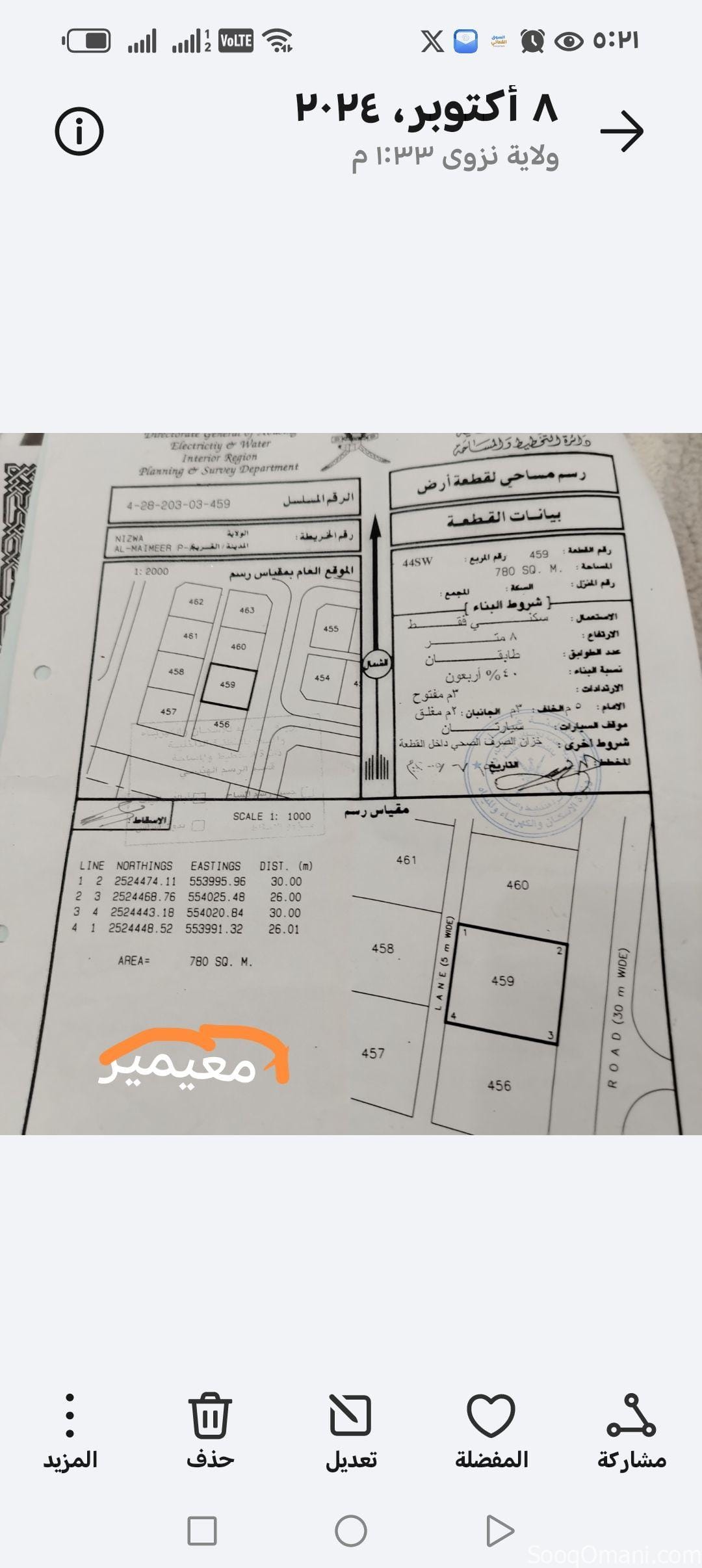 ارض للبيع في نزوى المعيمير ٣ مقابل صناعية كرشا قريبة من جامع السلطان قابوس