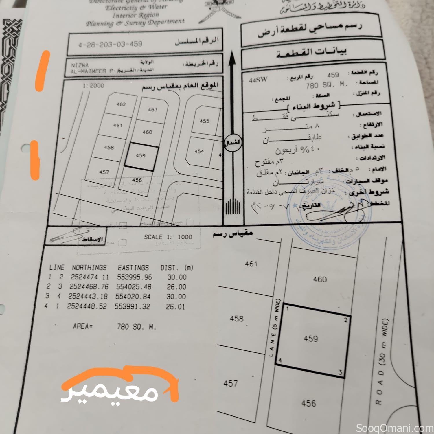 ارض للبيع نزوى المعيمير ٣ مقابل صناعية كرشا