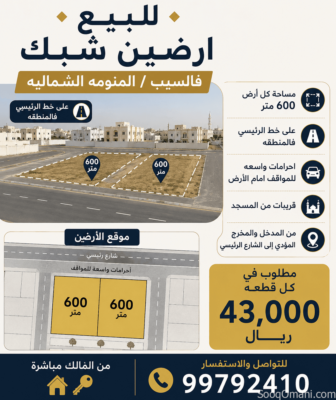 ارضين شبك للبيع في السيب المنومه الشماليه
