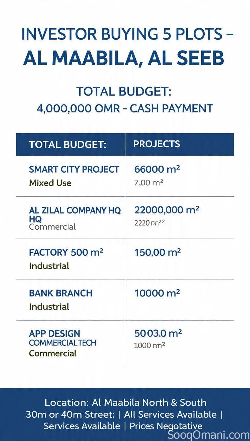 INVESTOR BUYING LANDS – AL MAABILAH Total Budget: 1,000,000 OMR Cash Details in the image