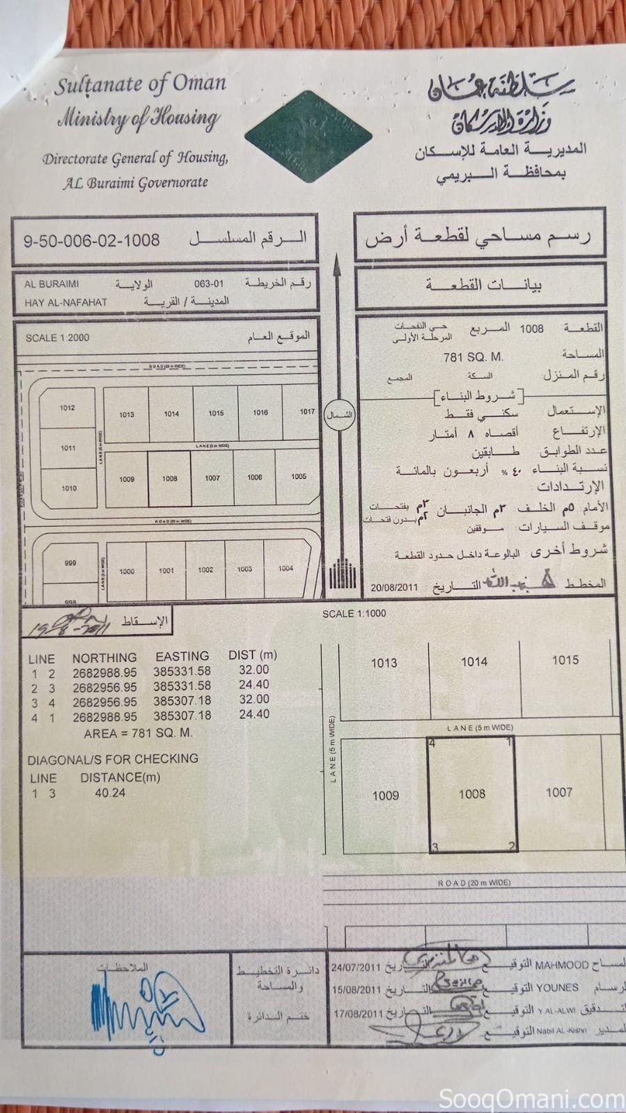 ارض سكنيه للبيع في البريمي مساحه 781 متر