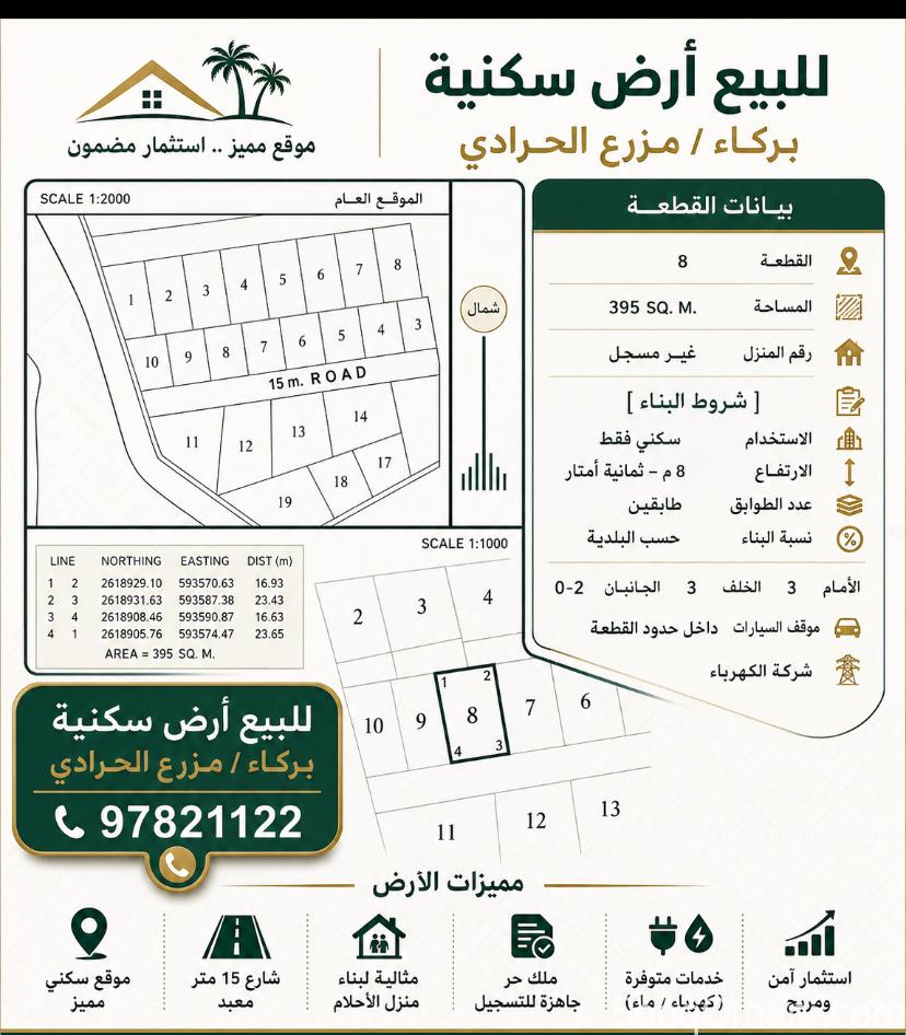 ارض سكنيه للبيع في بركاء/مزرع الحرادي